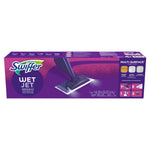 Rectangular retail box for Swiffer WetJet showing mop head graphic across the front on a purple background