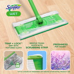 Swiffer wet mop head with a wet cloth attached on a wood floor and product feature icons below