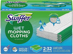 Box of Swiffer wet mopping cloths with stacked cloths graphic, lavender scent badge and 64-count label