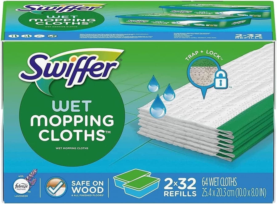 Box of Swiffer wet mopping cloths with stacked cloths graphic, lavender scent badge and 64-count label