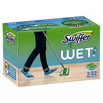 Retail box of Swiffer Wet refills featuring a person mopping a wood floor and prominent Swiffer branding