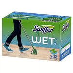 Swiffer Wet refills retail box showing person using a Swiffer mop on a hardwood floor and 2x32 refills icon