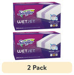 Two purple Swiffer WetJet refill boxes stacked, showing product name and absorb+lock graphic with '2 Pack' label below.