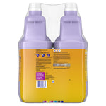 Rear view of two lavender Swiffer WetJet Antibac refill bottles showing back label text, instructions and barcode on yellow packaging.