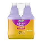 Front view of two lavender Swiffer WetJet Antibac refill bottles in yellow-orange packaging labeled '2 refills' and fresh citrus.
