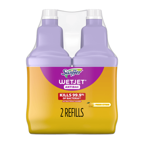 Front view of two lavender Swiffer WetJet Antibac refill bottles in yellow-orange packaging labeled '2 refills' and fresh citrus.
