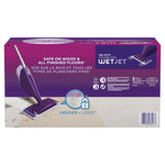 Back-of-package style image showing a Swiffer WetJet mop on multiple floor types and an 'Absorb + Lock' icon.