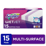 Box of Swiffer WetJet branded multi-surface mopping pads with a stack of white pads and '15 mopping pads' label.