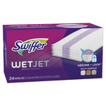 Box of Swiffer WetJet mopping pads with purple branding and image of stacked white pads with purple strip.