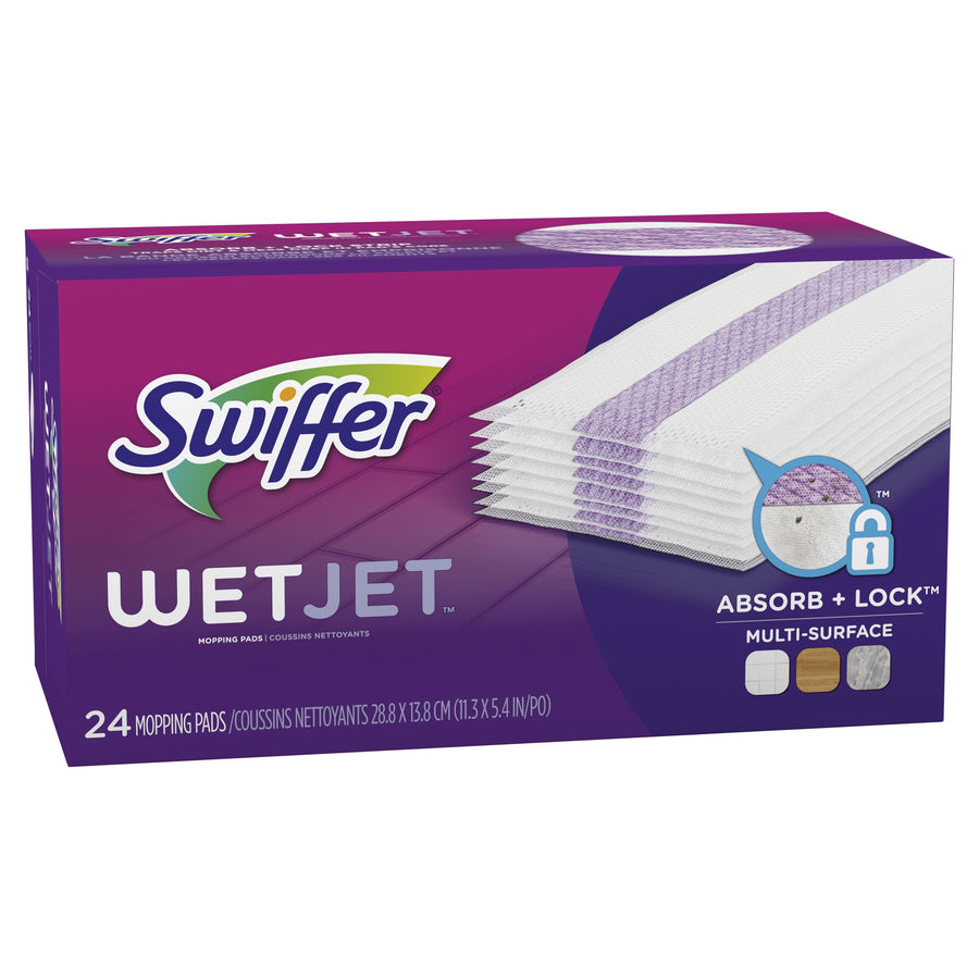 Box of Swiffer WetJet mopping pads with purple branding and image of stacked white pads with purple strip.