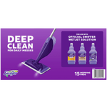 Purple Swiffer graphic showing WetJet mop in use and bottles of WetJet solution with 'deep clean' text
