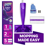 Flat lay of a purple Swiffer WetJet mop head, cleaning solution bottle, batteries, replacement pad and package graphics.