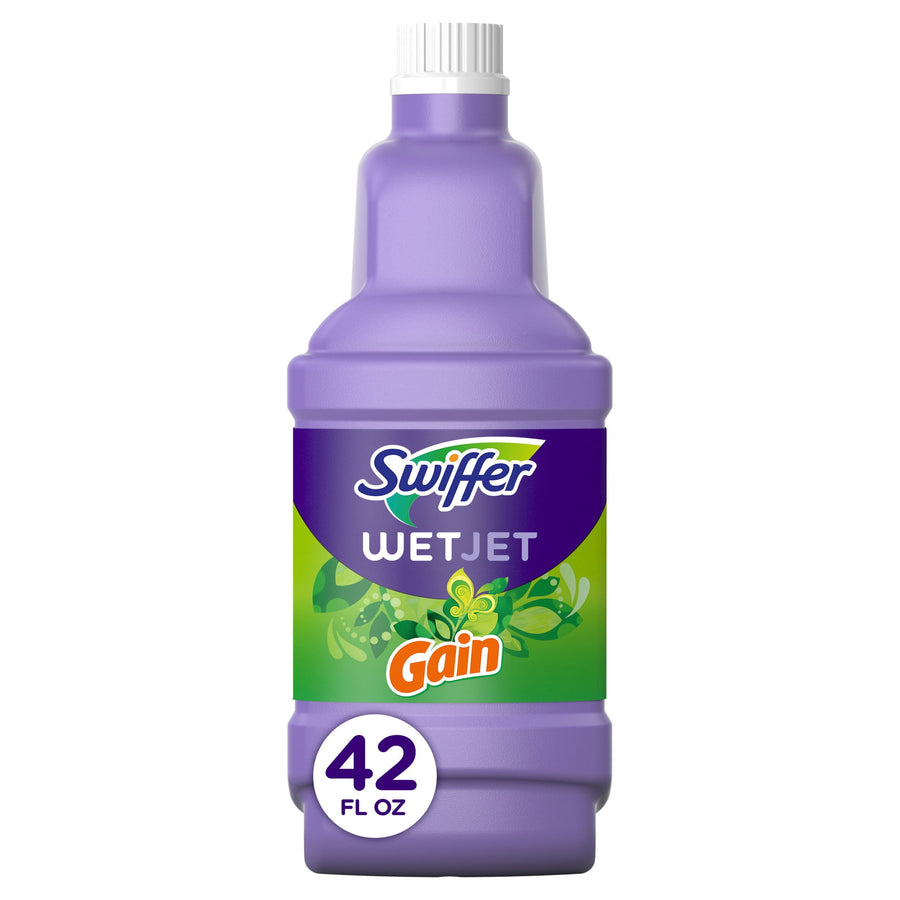 Purple Swiffer WetJet refill bottle labeled Gain scent against a white background