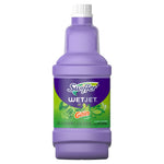 Studio shot of a purple Swiffer WetJet Gain refill bottle centered on a white background