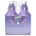 Front view of a two-bottle Swiffer WetJet lavender refill pack showing purple bottles and labeled packaging with lavender illustration.