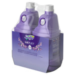 Rear-angled studio image of Swiffer WetJet lavender two-bottle refill pack with visible caps, shrinkwrap and purple product label.