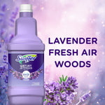 Single bottle of Swiffer lavender solution set against a soft lavender background with text naming fragrance variants like Lavender and Fresh Air Woods.