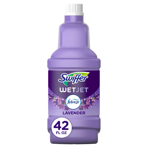 Purple Swiffer WetJet refill bottle labeled Lavender with Swiffer and Febreze logos on white background