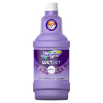 Studio product shot of a purple Swiffer WetJet Lavender refill bottle with label showing Febreze freshness