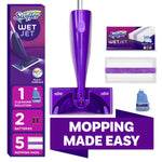 Top-down product layout showing a purple Swiffer WetJet mop head, pad, solution bottle and packaging with 'Mopping Made Easy' text.