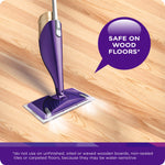 Rendered image of a purple Swiffer mop head on a wood floor with a speech bubble reading 'Safe on wood floors*'.