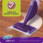 Illustration of a purple Swiffer mop spraying cleaning solution on a wood floor with a 'Safe on wood floors' badge.