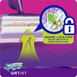 Illustration showing a Swiffer WetJet pad beneath a mop head with an 'Absorb + Lock Strip' magnified callout.