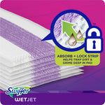 Close-up of layered Swiffer WetJet pads showing purple absorb-and-lock strip and infographic callout highlighting absorbency.