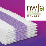 Stacked white Swiffer WetJet replacement pads with purple absorbent strip and NWFA member logo on magenta background.