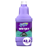 Front-facing purple Swiffer WetJet refill bottle with Unstopables label and volume badge