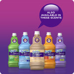 Row of five Swiffer WetJet solution bottles in different colors with callout: also available in these scents