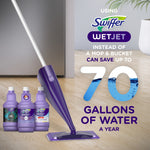 Purple WetJet mop standing on a floor next to three Swiffer refill bottles with text about saving 70 gallons of water