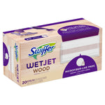 Angled box of Swiffer WetJet Wood mopping pads showing branding, pad image and purple feature badge