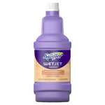 Front-facing purple Swiffer WetJet Wood refill bottle with label showing WetJet Wood and QuickDry Formula