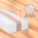 Stacked microfiber-like Swiffer WetJet Wood pads on a wood background with close-up inset of soft texture