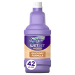 Purple Swiffer WetJet Wood refill bottle with label reading WetJet Wood and quickdry formula, white cap