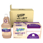 Swiffer WetJet Wood starter kit display showing a solution bottle, a box of WetJet Wood pads and a gold-colored kit box