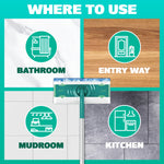 Graphic 'Where to Use' showing Swiffer mop in center with icons and room names for bathroom, entryway, mudroom and kitchen.