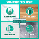 Where to use graphic with mop head and labeled room icons for bathroom, entryway, mudroom, and kitchen