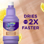 Purple Swiffer WetJet Wood refill bottle with lemons and text claim 'dries up to 2x faster' on wood background