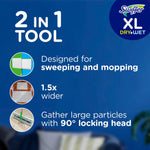 Blue infographic panel reading “2 in 1 tool” with Swiffer XL logo and icons showing sweeping, mopping and 1.5x wider head.