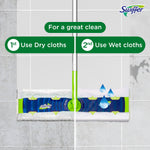 Swiffer mop head shown from above on tiled floor split graphic illustrating first use dry cloths then wet cloths with droplets icon.