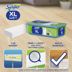 Product feature graphic showing Swiffer XL tub and stacked wet cloths with icons for wider, trap+lock, multi-surface