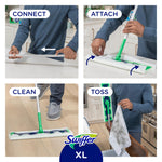 Four-step photo grid demonstrating connecting the handle, attaching a cloth, cleaning with the Swiffer XL, and tossing the used pad.