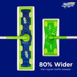 Top-down comparison of two Swiffer mop heads on blue background with text claiming “80% Wider” and Swiffer logo.