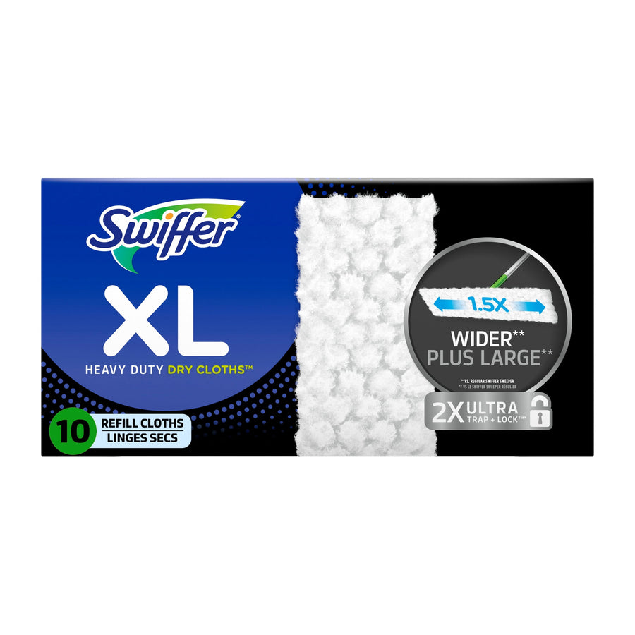 Box of Swiffer XL heavy duty dry cloths with product branding and textured cloth close-up on black and blue packaging