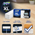 Infographic-style image showing Swiffer XL dry cloths box with stacked cloths and icons highlighting wider coverage and trap-and-lock features