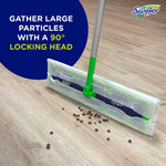 Swiffer XL mop head on a wood floor gathering scattered debris with headline “Gather large particles with a 90° locking head.”