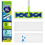 Swiffer XL mop head and handle shown with two rectangular cloth pads and packaging panel listing dry and wet pad counts.