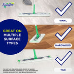 Three lifestyle panels showing Swiffer XL mop on vinyl, hardwood and tile with check marks and “great on multiple surface types”.